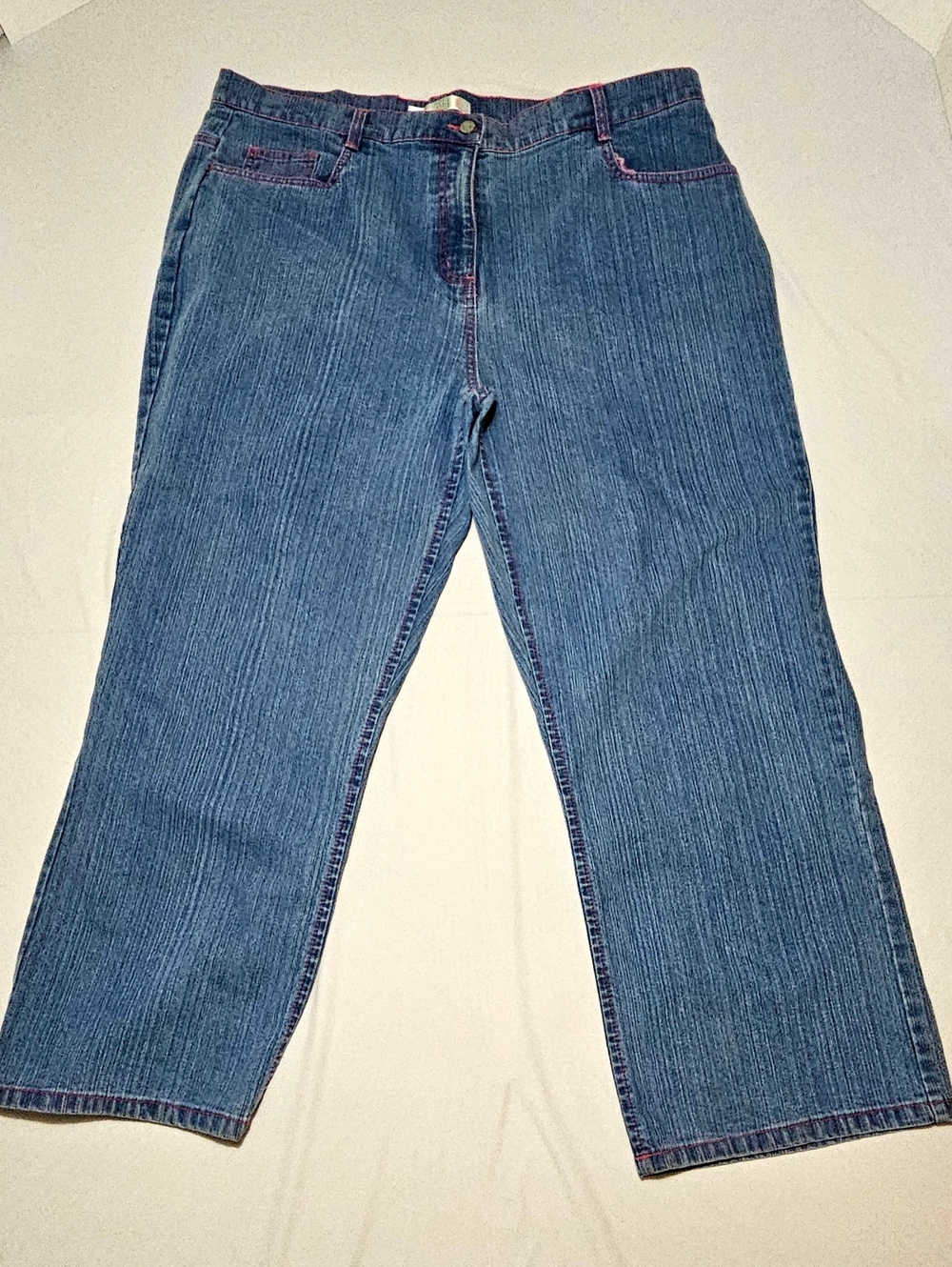 Bill Blass Stretch Women Jeans • 20W Blue Pink Stitch • Wide Leg Denim
